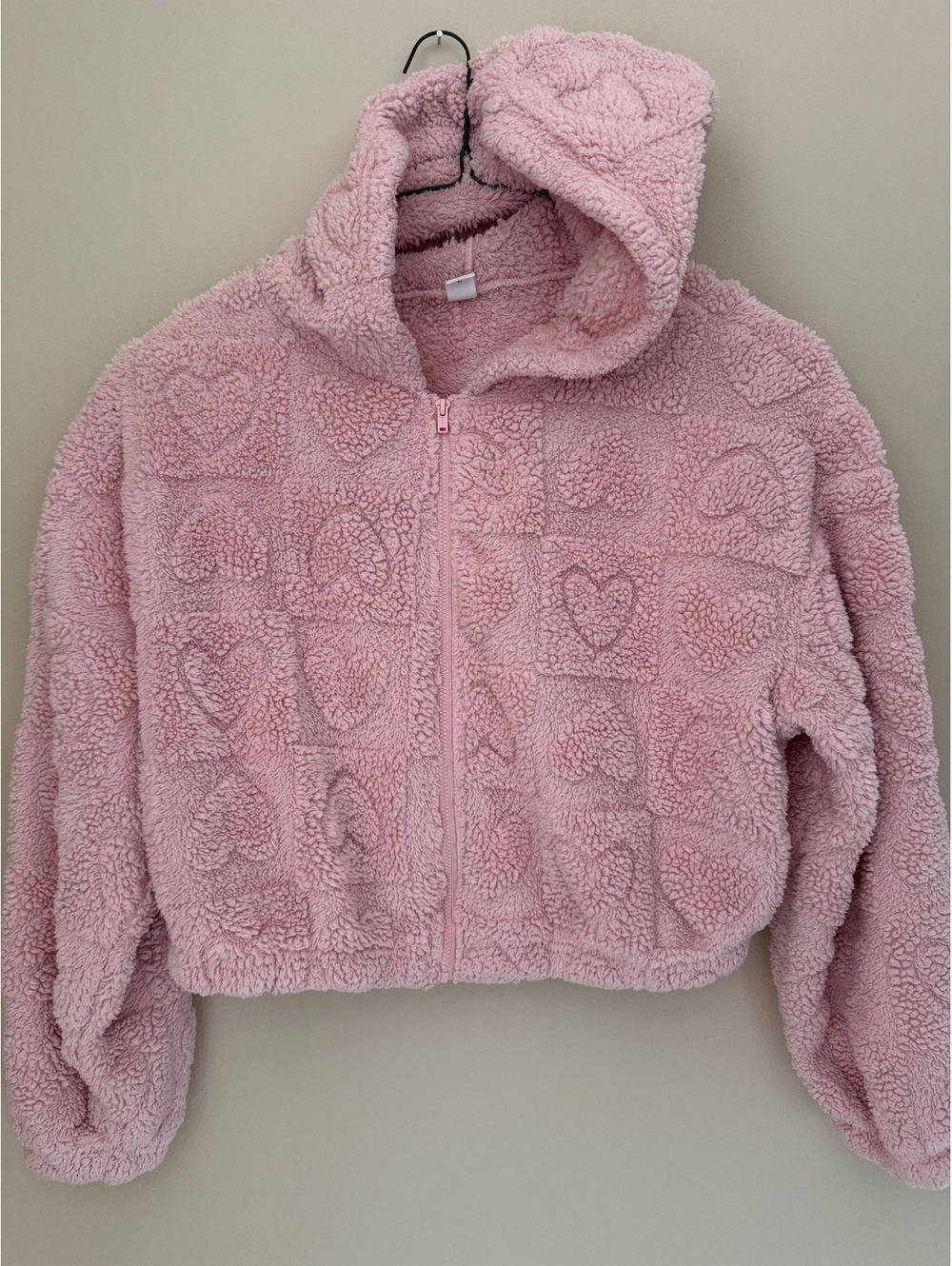 SHEIN Sz 14 fuzzy pink heart hooded jacket